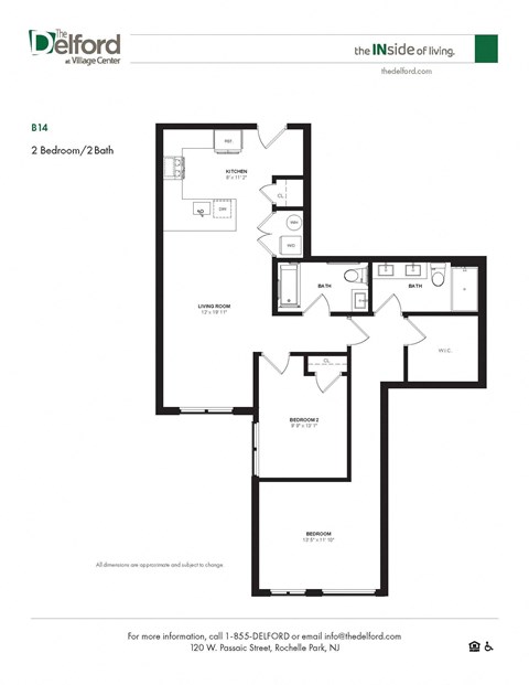 A floor plan for a 2 Bedroom/2 Bath apartment at The Delford Village Center.